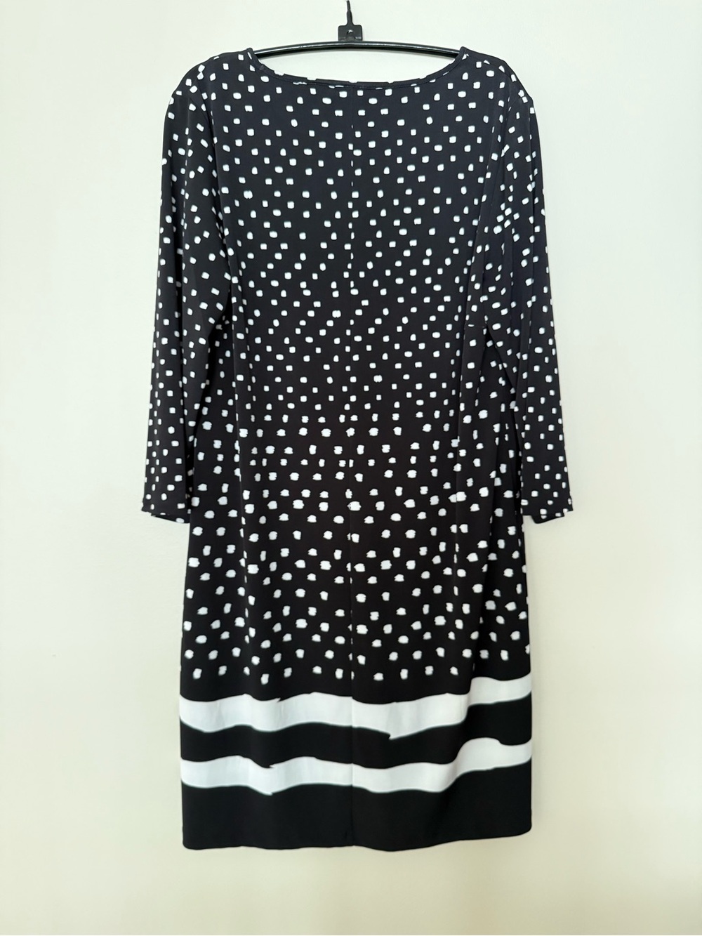 Chico's Black and White Polka Dot Long Sleeve Shift Dress with Hem Stripes